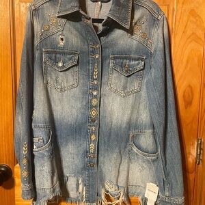 Free People Blue Jean Embroidered Button Down Shirt Jacket